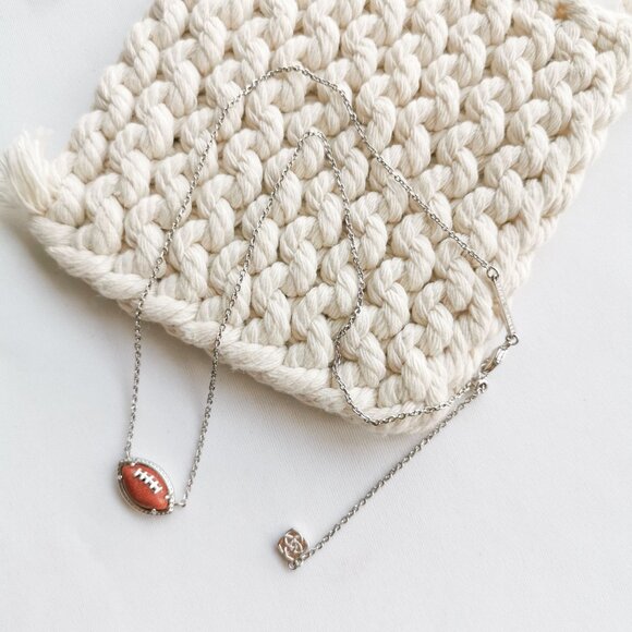 Authentic Kendra Scott Football Silver Orange Goldstone Short Pendant Necklace - Picture 3 of 4